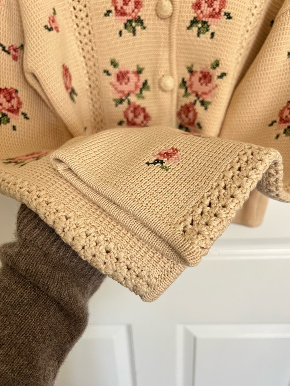 Sezane Cream Floral Knit Button-Front Women's Sweater - Picture 9 of 14